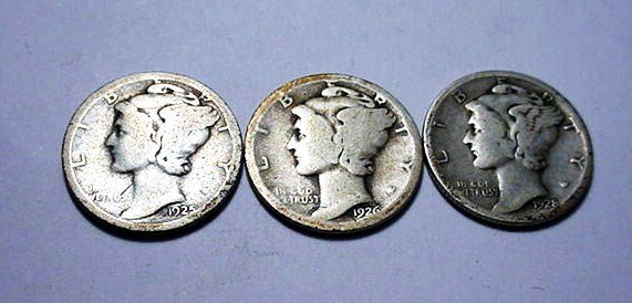 1925-S, 1926-D, 1928-S MERCURY DIMES: 1925-S, 1926-D, 1928-S MERCURY DIMES