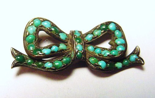 GEORGIAN SILVER TURQUOISE BOW PIN NEEDS WORK: GEORGIAN SILVER TURQUOISE BOW PIN NEEDS WORK