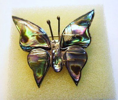 SIGNED MEXICAN STERLING ABALONE BUTTERFLY PIN: SIGNED MEXICAN STERLING ABALONE BUTTERFLY PIN