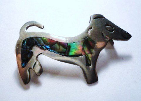 SIGNED MEXICAN STERLING ABALONE DOG PIN: SIGNED MEXICAN STERLING ABALONE DOG PIN