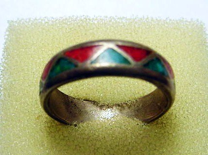 NAVAJO SILVER TURQUOISE CORAL RING: NAVAJO SILVER TURQUOISE CORAL RING