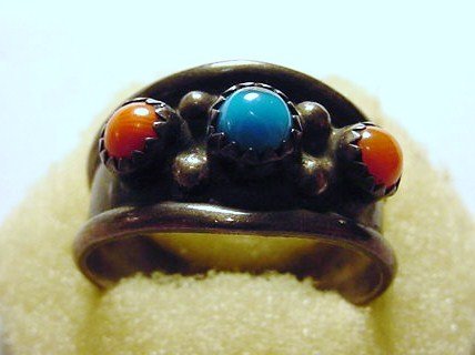 NAVAJO SILVER TURQUOISE CORAL RING SIZE 11.5: NAVAJO SILVER TURQUOISE CORAL RING SIZE 11.5