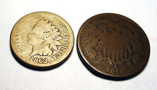 1863 INDIAN CENT 1864 2 CENT PIECE: 1863 INDIAN CENT 1864 2 CENT PIECE