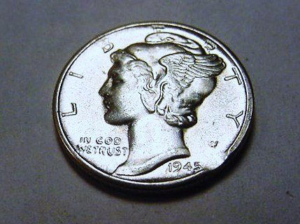 1945-D MERCURY DIME CLIPPED PLANCHET ERROR GEM B.U.: 1945-D MERCURY DIME CLIPPED PLANCHET ERROR GEM B.U.