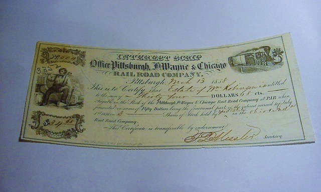 1858 PITTSBURGH, FT. WAYNE, & CHICAGO BANKNOTE: 1858 PITTSBURGH, FT. WAYNE, & CHICAGO BANKNOTE