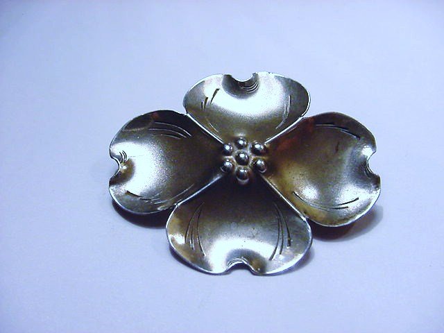 STUART NYE HAND WROUGHT STERLING DOGWOOD PIN: STUART NYE HAND WROUGHT STERLING DOGWOOD PIN