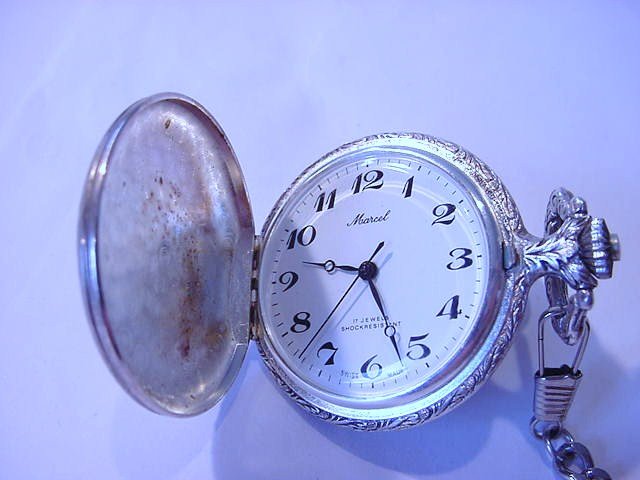 MARCEL 17 JEWEL POCKET WATCH & CHAIN WORKS: MARCEL 17 JEWEL POCKET WATCH & CHAIN WORKS