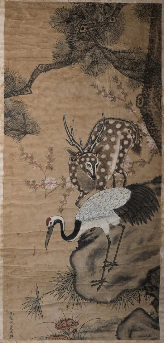 A CHINESE SCROLL PAINTING OF DEER AND CRANE MOTIF (1 of 2)