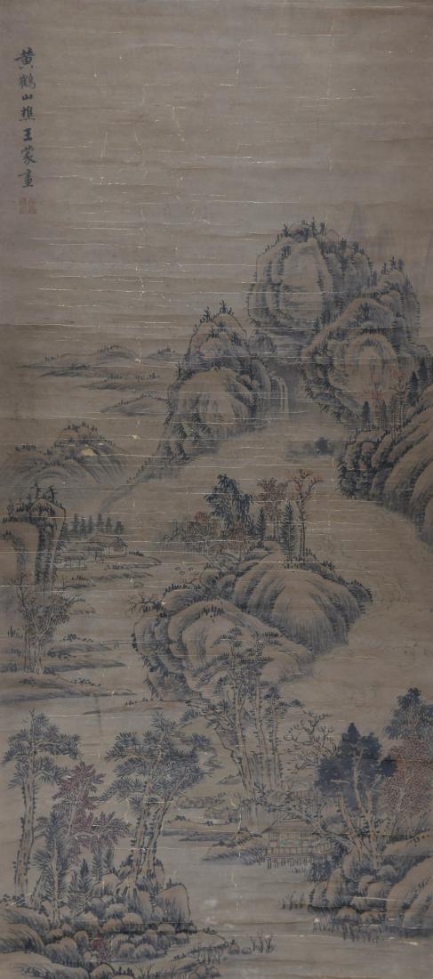 A CHINESE SCROLL PAINTING OF LANDSCAPE: A Chinese scroll painting of landscape, hanging scroll, ink and color on paper, signed with red seals and attributed to Wang Meng. Height 132cm Width 59cm