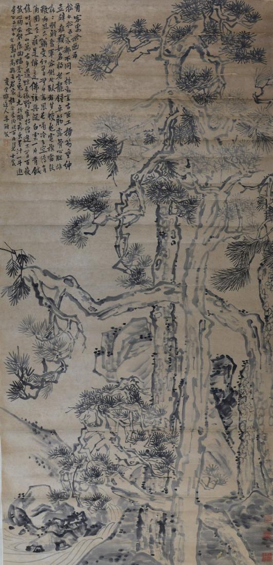 A CHINESE SCROLL PAINTING OF PINE TREE: A Chinese scroll painting of pine tree, hanging scroll, ink on paper, signed with red seal and attributed to Li Shan. Height 158cm Width 80cm