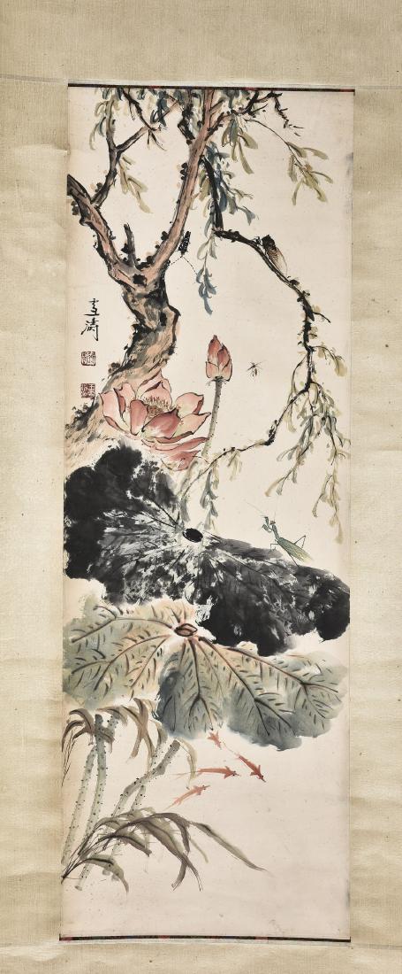 A CHINESE SCROLL PAINTING OF INSECT AND LOTUS (1 of 5)