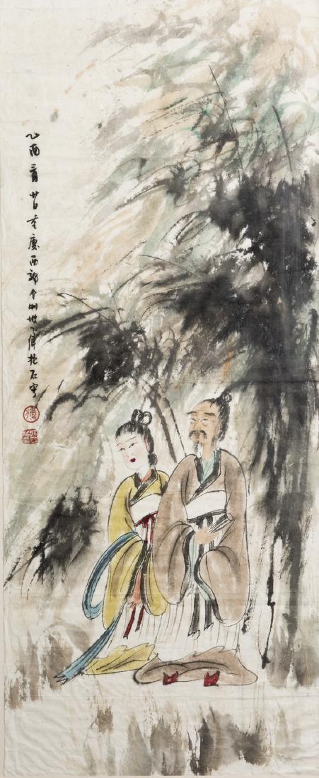 A CHINESE PAINTING OF FIGURES WITH GLASS FRAME (1 of 2)