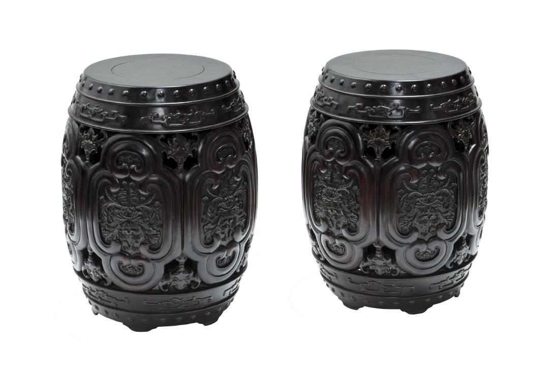 A PAIR OF ROSE WOOD OR ZITAN WOOD DRUM STOOLS (1 of 4)