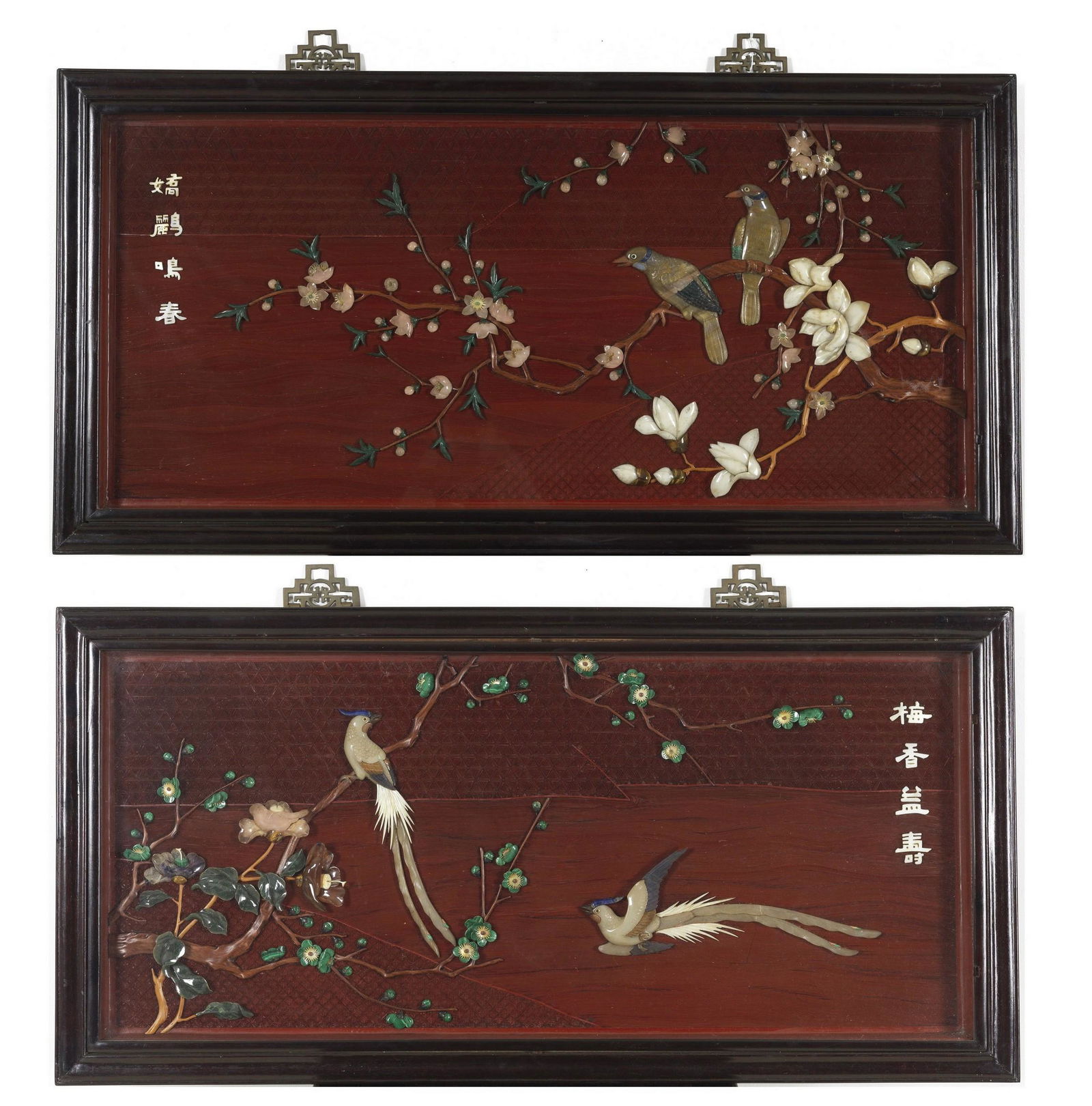A PAIR OF FLOWER AND BIRD WOOD PANEL INLAID WITH JADE (1 of 3)