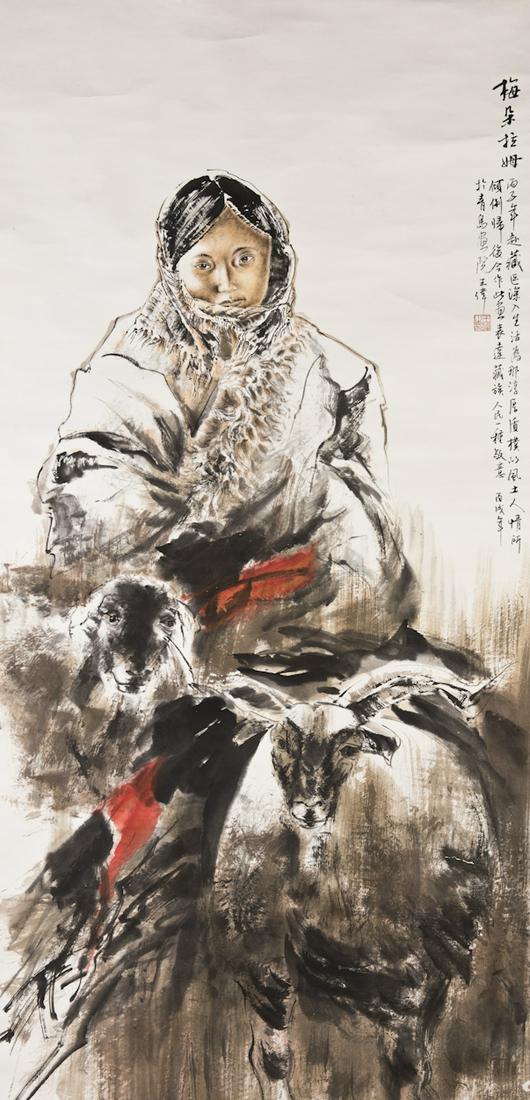 A CHINESE SCROLL PAINTING OF FIGURE BY WANG WEI: L 53.5 x W 27 inch