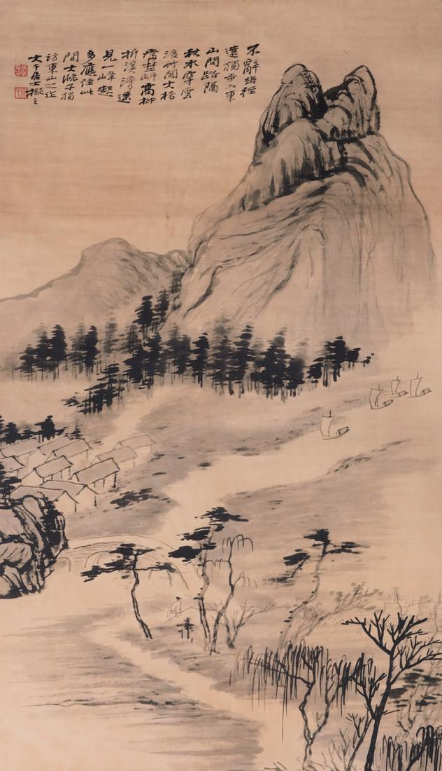 A CHINESE SCROLL OF LANDSCAPE BY ZHANG DAQIAN: Ink on paper, hanging scroll. H102 x L 60 cm