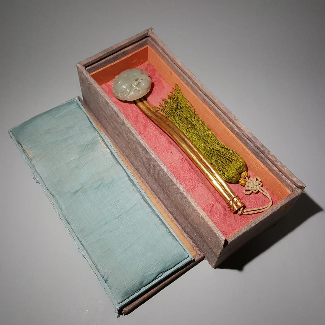 A CHINESE SILVER GILDING HETIAN JADE RUYI SCEPTER (1 of 6)