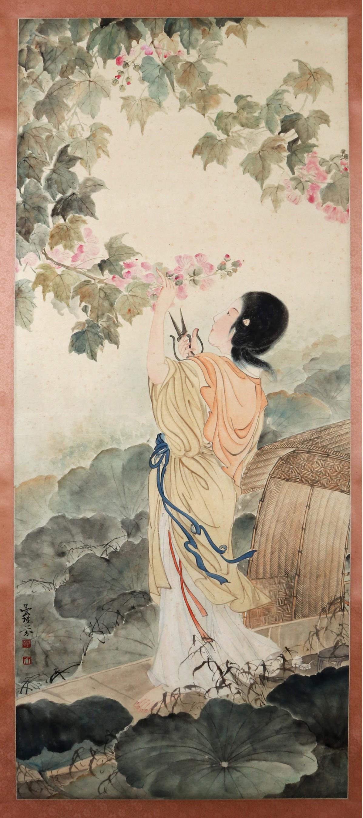 A CHINESE FLOWER PAINTING, DANG FEN MARK: A chinese flower painting, dang fen mark . ink and colour on paper, hanging scrolls. 129Ã—53 cm