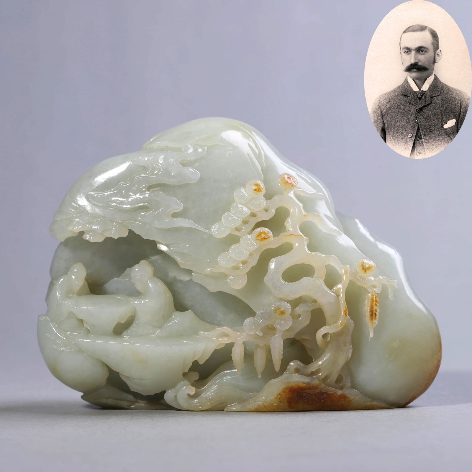 Carved Celadon and Russet Jade Figure Boulder (1 of 7)