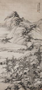 ZHANG YU (1734-1803), LANDSCAPE: Zhang Yu (1734-1803), Landscape, ink on paper, hanging scroll. Dimensions: 54.5"h x 26"w (138.43cm x 66.04cm) Provenance: Property of Kobijutsu KenShuDo, Japanese Osaka Estate Antique Company.