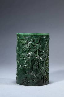 Spinach-Green Jade Crane and Scholar Brush Pot: Spinach-Green Jade Crane and Scholar Brush Pot Width:9.7cm, Height:14.9cm,