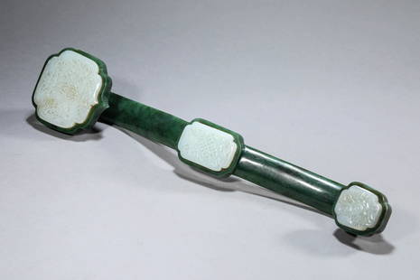 White Jade Inlaid Spinach-Green Jade Inscription Ruyi Scepter: White Jade Inlaid Spinach-Green Jade Inscription Ruyi Scepter Length:47.5cm, Width:10cm, Height:7.5cm,