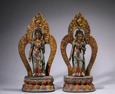 Pair of Gilt-Lacquer-Wood Figures of Buddha