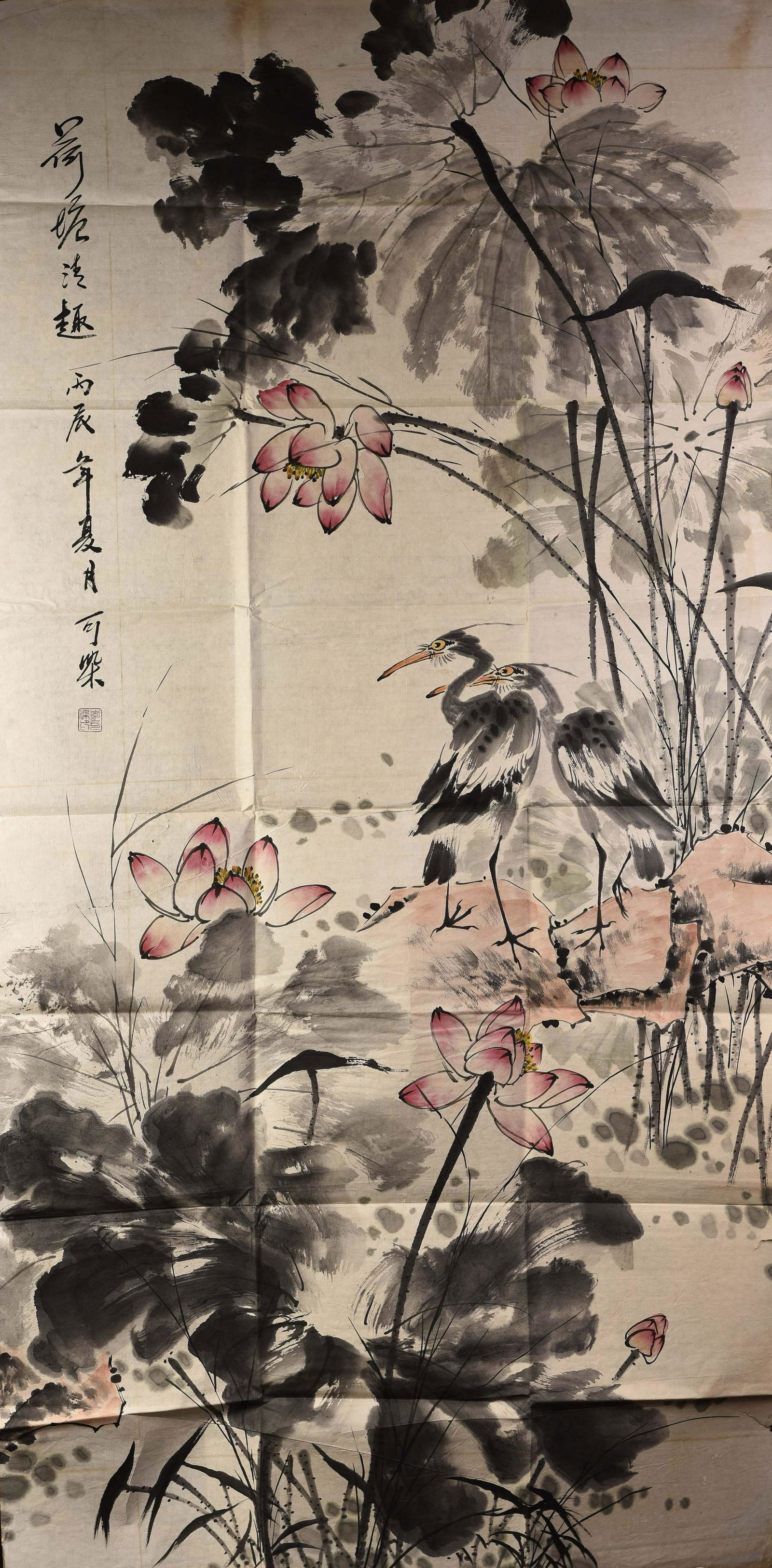 LI KERAN, LOTUS: Ink and color on paper, unmounted. H136x68.4cm