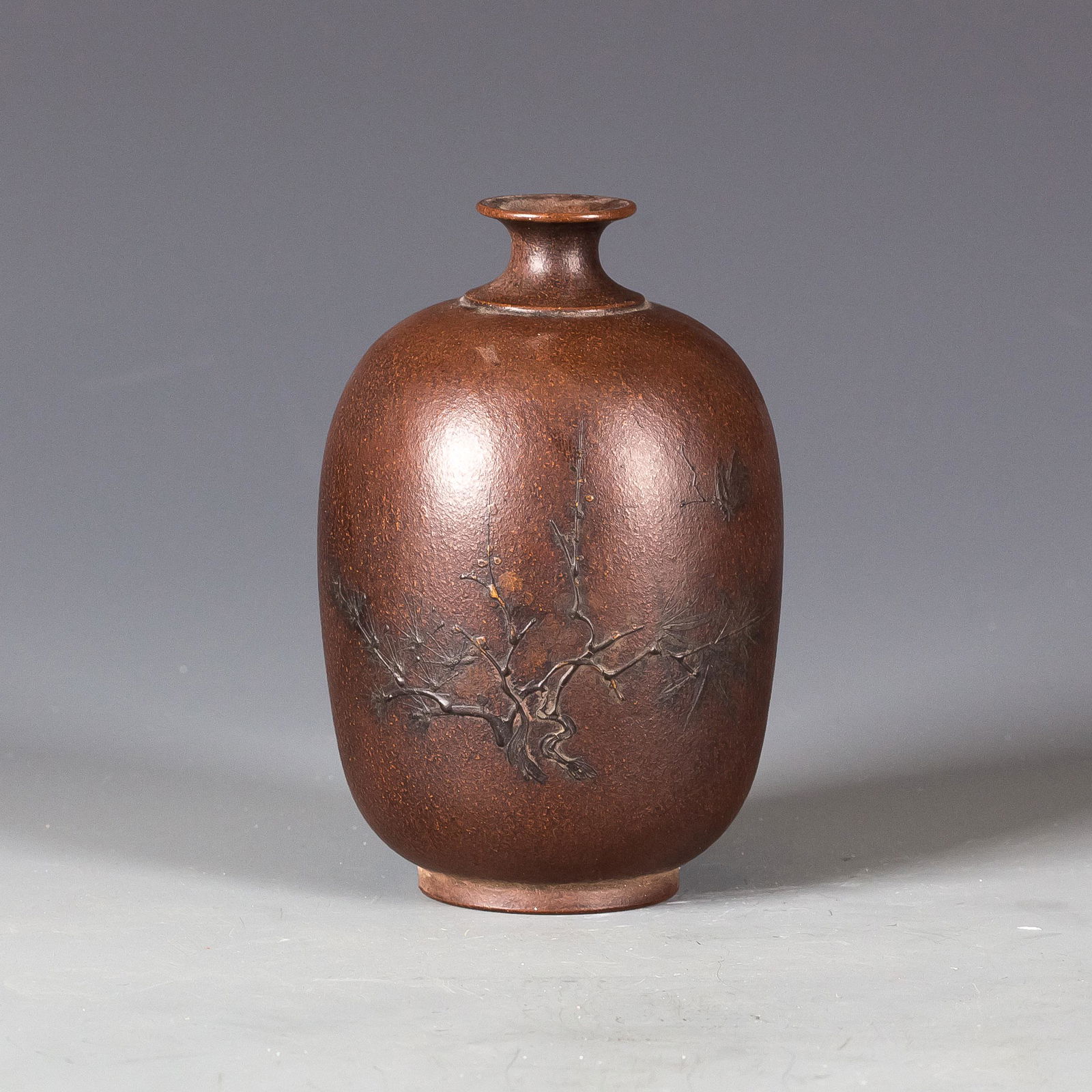 Zisha Rouleau Vase: Zisha Rouleau Vase. Finely carved of plant on the surface. Diameter 3" Diameter 4.5"