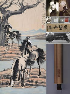 XU BEIHONG, ATTRIBUTED TO,THREE HORSES: XU BEIHONG, ATTRIBUTED TO,THREE HORSES. 139x69cm, Hanging scroll, ink and color on paper. Provenance: Formerly collected by ZHang Boju.