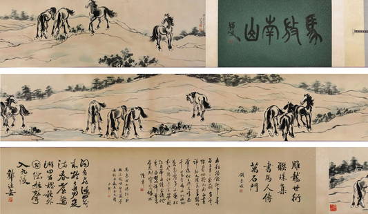 Xu Beihong, Attributed to, Chinese Horses Painting on paper, Hand scroll: Xu Beihong, Attributed to, Chinese Horses Painting on paper, Hand scroll. Length:364cm, Width:42cm,