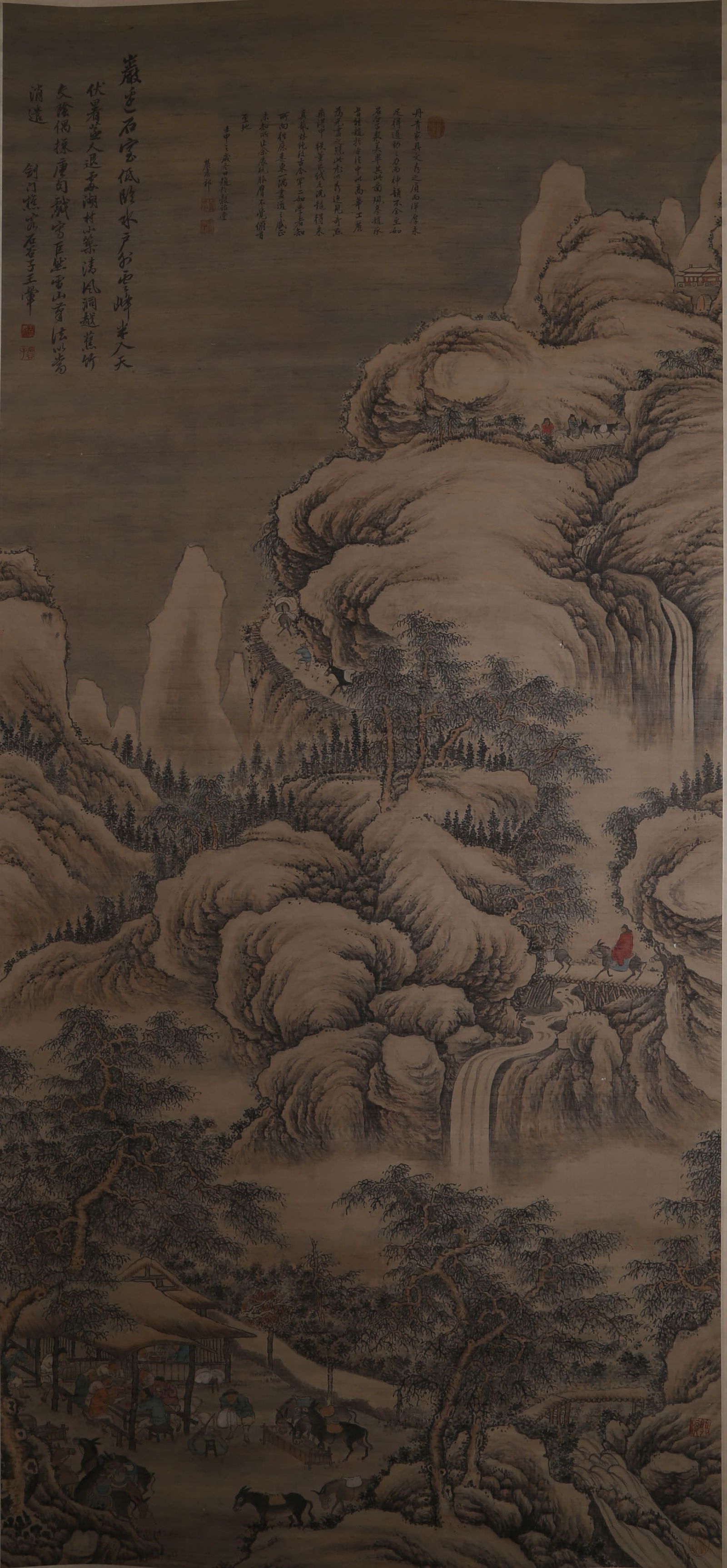 A CHINESE LANDSCAPE PAINTING, INK AND COLOR ON PAPER, HANGING SCROLL, WANG HUI MARK: A CHINESE LANDSCAPE PAINTING, INK AND COLOR ON PAPER, HANGING SCROLL, WANG HUI MARK 86.5x192cm, For more information on and additional videos for this lot, please contact chinaartsinc@gmail.comAny con