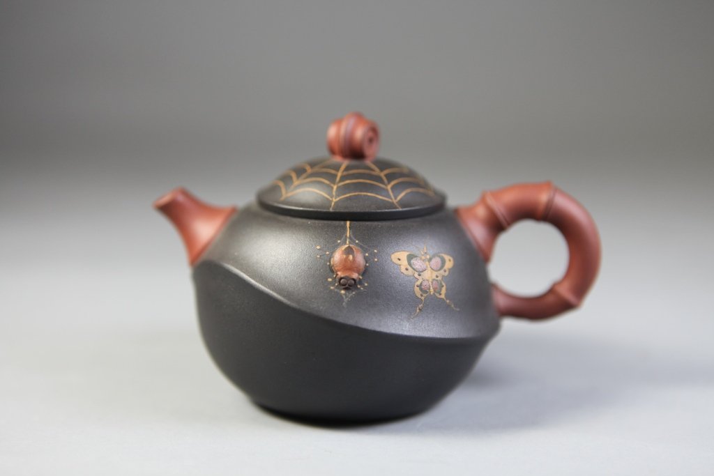 Traditional Chinese YiXing Clay Teapot: Authentic YiXing clay teapot two toned with whimsical spider web design and butterfly art 5" Length