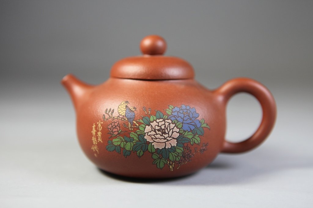 Traditional Chinese YiXing Clay Teapot: Authentic YiXing clay teapot in earthenware tone with vibrant flower design 5 1/2 " Length