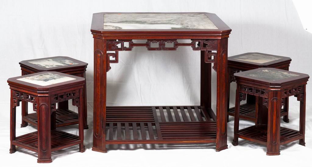 Rosewood Marble Top Tea Table & stools with burl tu: Rosewood Marble Top Tea Table & stools with burl wood decorative. Table width 31.5" height 28".