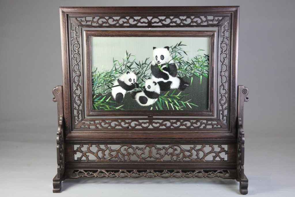 Embroidery Rosewood Table Plaque (Jichi wood): Panda bears in bamboo forest embroidered rosewood table plaque 14 " Length 14 3/4 " Height