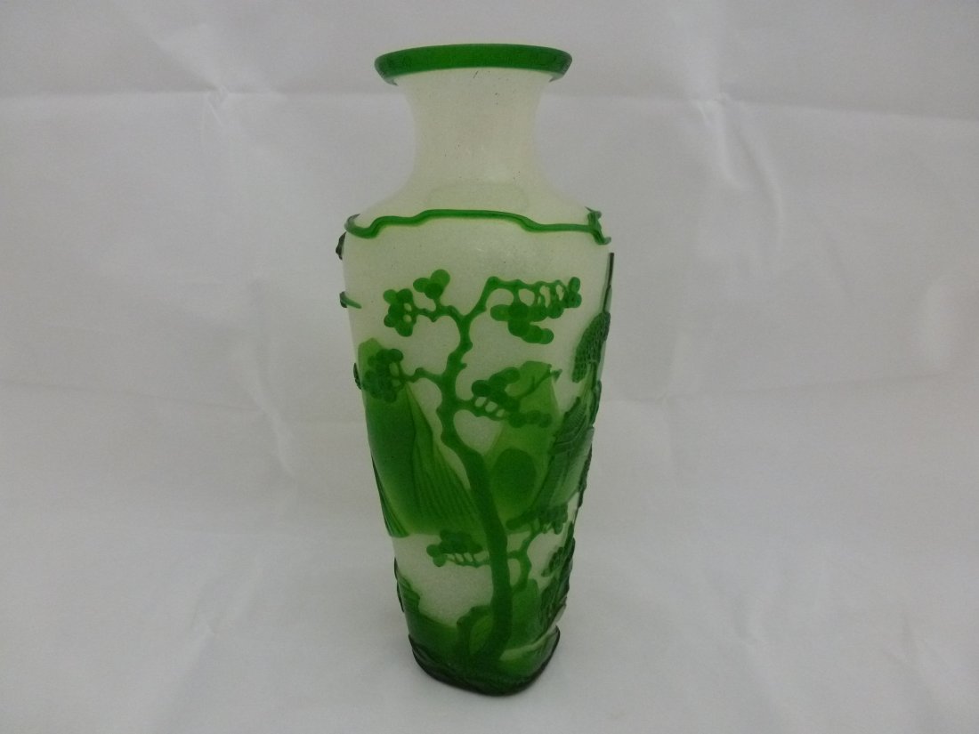 Peking Glass Vase: Exquisite Peking Glass vase emerald green landscape carving inlay on an alabaster white relief Qianlong Reign 10" Height