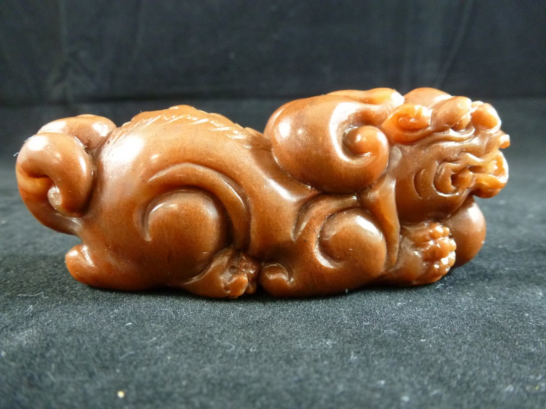 Soapstone Figure: Beautifully carved crouching Pi Yao, creator and protector of wealth 3 1/2" Length