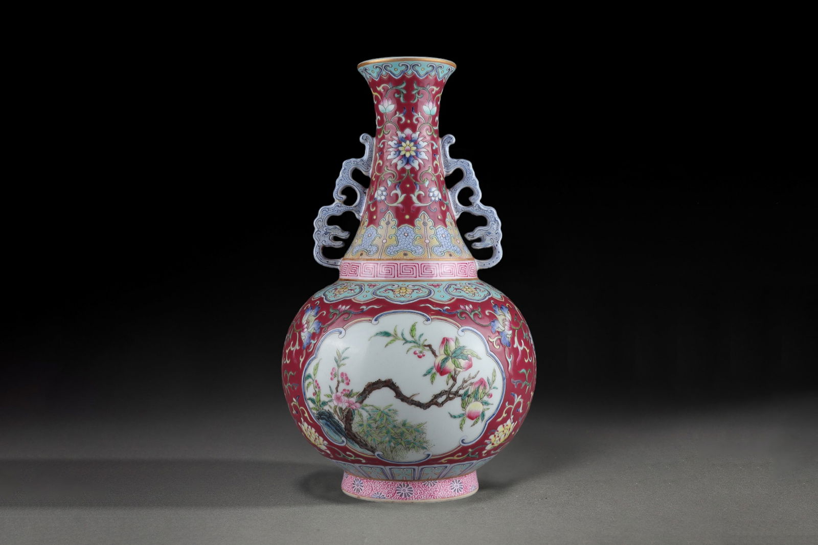 INTERLOCKING LOTUS ENCLOSING FAMILLE ROSE FLOWER AND BIRD DOUBLE-EARED VASE (1 of 10)