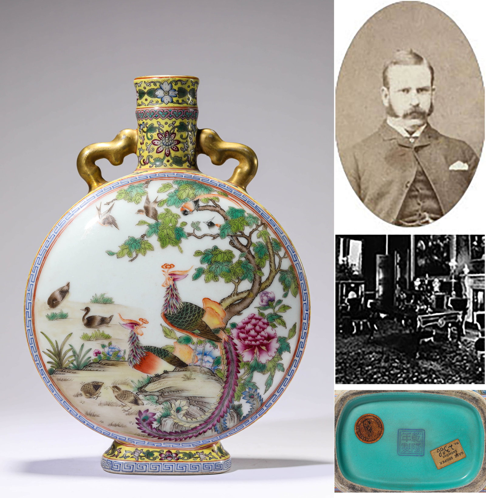 Yellow Ground Scrolling Lotus Auspicious Moon Flask: Yellow Ground Scrolling Lotus Auspicious Moon Flask A famille rose porcelain moonflask, featuring a vibrant scene with two phoenixes and various birds amidst a lush garden with blooming peonies. The r