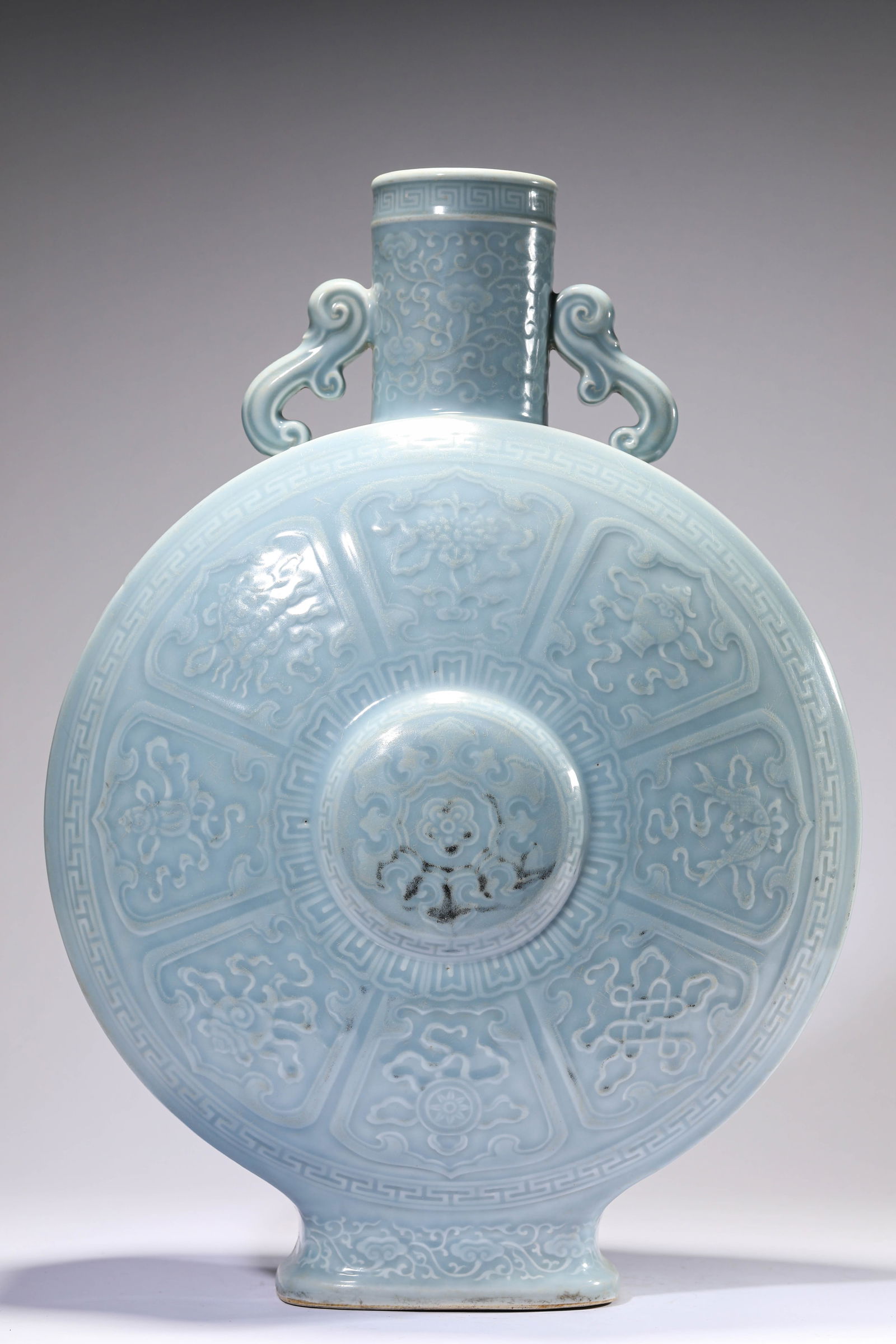 Sky Blue Glaze Eight Treasures Double Ruyi Ear Moon Flask: Sky Blue Glaze Eight Treasures Double Ruyi Ear Moon Flask Dimension: Length: 37.2cm (14 5/8 in.), Width: 23.5cm (9 1/4 in.), Height: 51.8cm (20 3/8 in.) All measurements are approximate. Missing parts