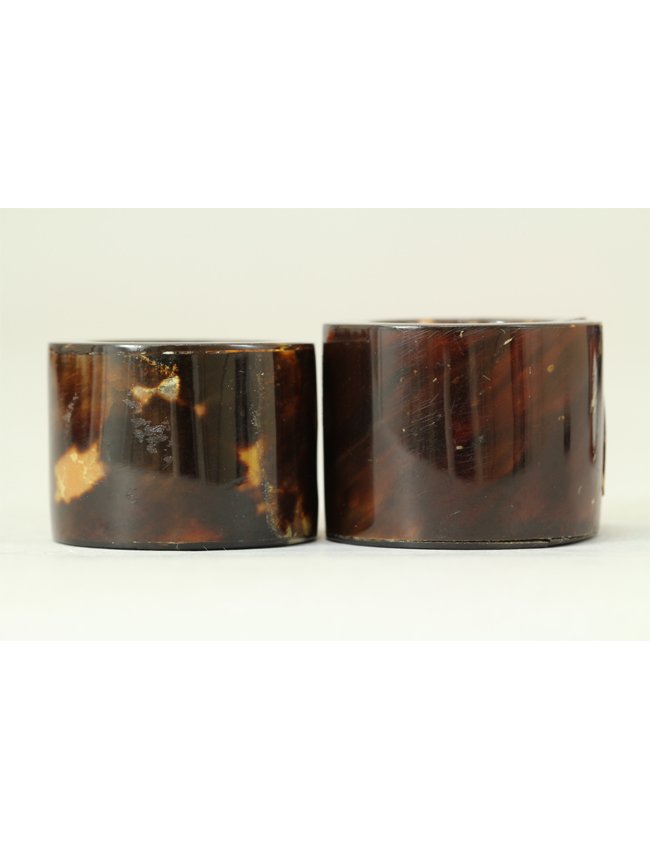 Two Archer's Rings: Two Archer's Rings of "sea creature turtle shell" material, with Chinese characters inscribed. Diameter 1.35", 1.4"