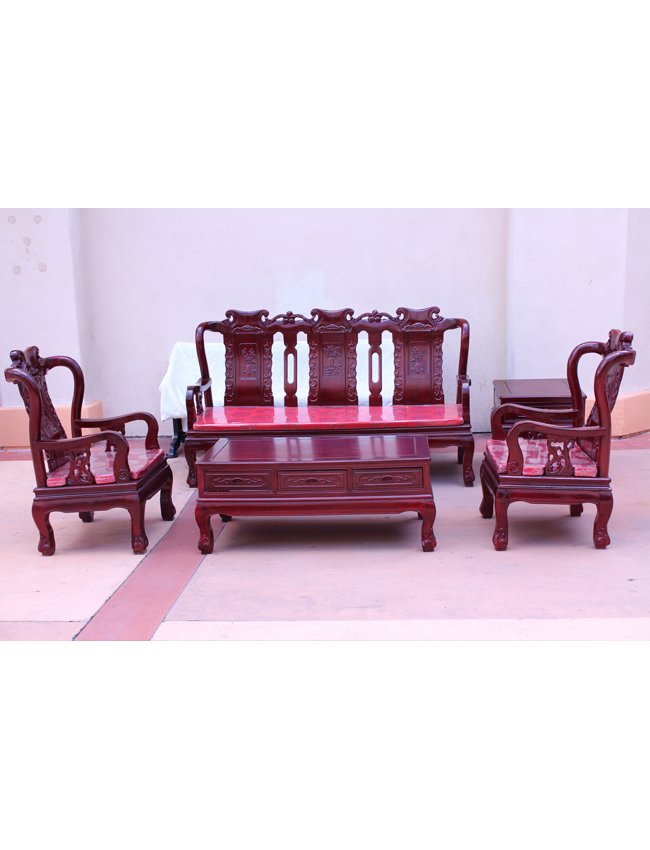 Rosewood Sofa 5-piece Set: Gorgeous hand craved rosewood sofa 5-piece set. Length 72" Width 22" Height 42" (3 seater), Length 27.4" Width 23" Height 42" (Single Seater), Length 21" Width 21" Height 22" (Side Table), Length 47" 