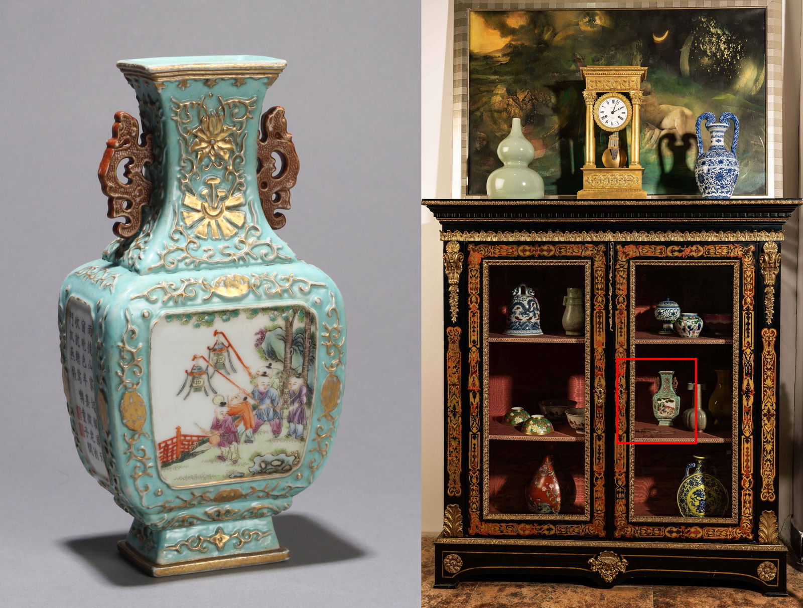 A TURQUOISE GREEN GROUND LANDSCAPE DOUBLE EARED SQUARED FLASK: A TURQUOISE GREEN GROUND LANDSCAPE DOUBLE EARED SQUARED FLASK,Height:20.5CM