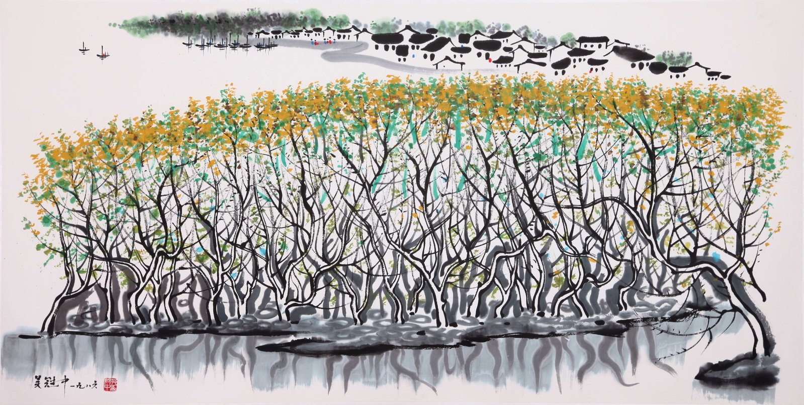 WU GUANZHONG, ATTRIBUTED TO, EARLY SPRING IN JIANGNAN: WU GUANZHONG, ATTRIBUTED TO, EARLY SPRING IN JIANGNAN,Mounted and unframed, ink on paper,69??138cm