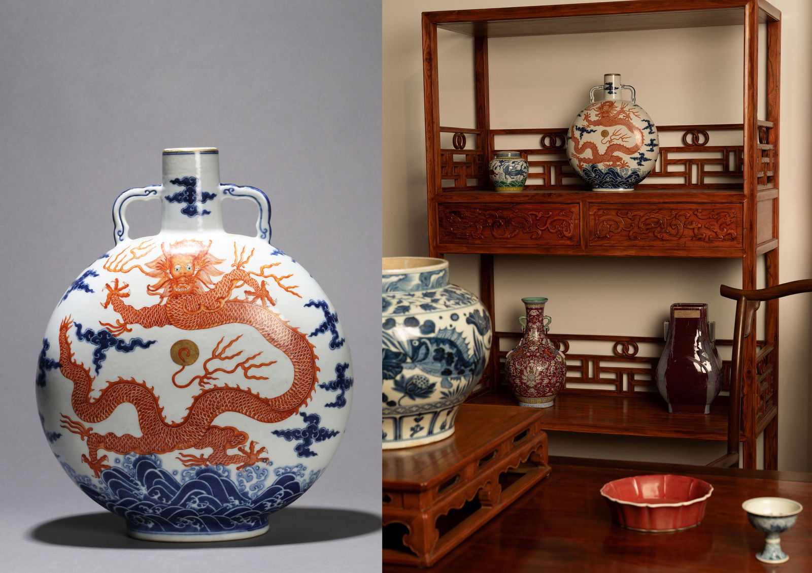 A BLUE AND WHITE IRON RED SEA WATER MOON FLASK: A BLUE AND WHITE IRON RED SEA WATER MOON FLASK,Height:32.5CM