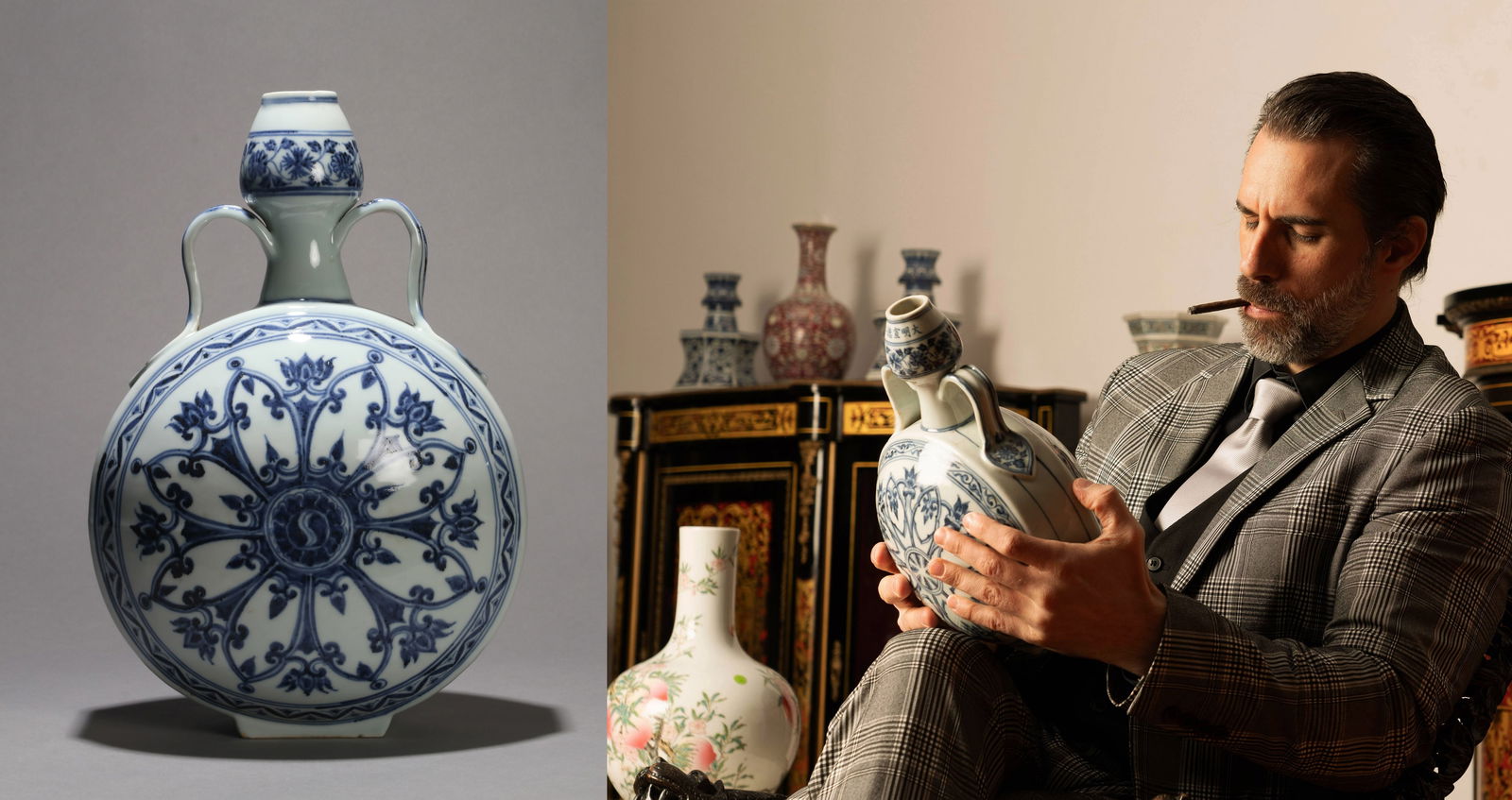 A BLUE AND WHITE FLOWER MOON FLASK: A BLUE AND WHITE FLOWER MOON FLASK,Height:32CM