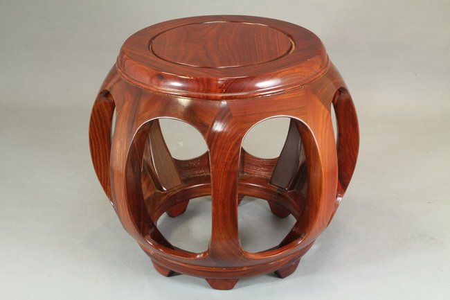 Chinese Carved Rosewood Drum Shaped Stool: Chinese Carved Rosewood Drum Shaped Stool. Diameter 15" Height 13.5"