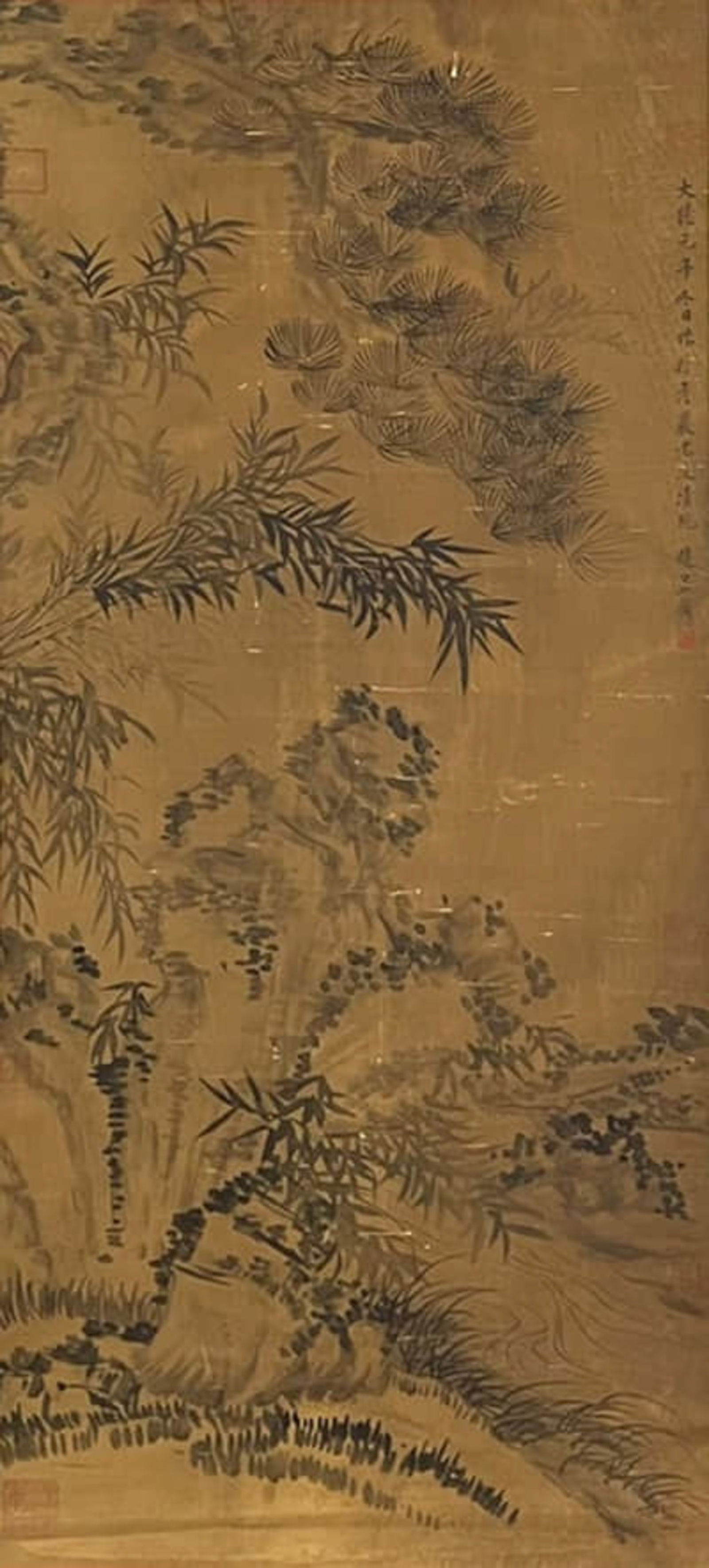 ZHAO MENGFU (1254-1322), ATTRIBUTED TO, PINE AND BAMBOO: ZHAO MENGFU (1254-1322), ATTRIBUTED TO, PINE AND BAMBOO Length: 109 cm (42.9 in.), Width: 50 cm (19.7 in.). All measurements are approximate.