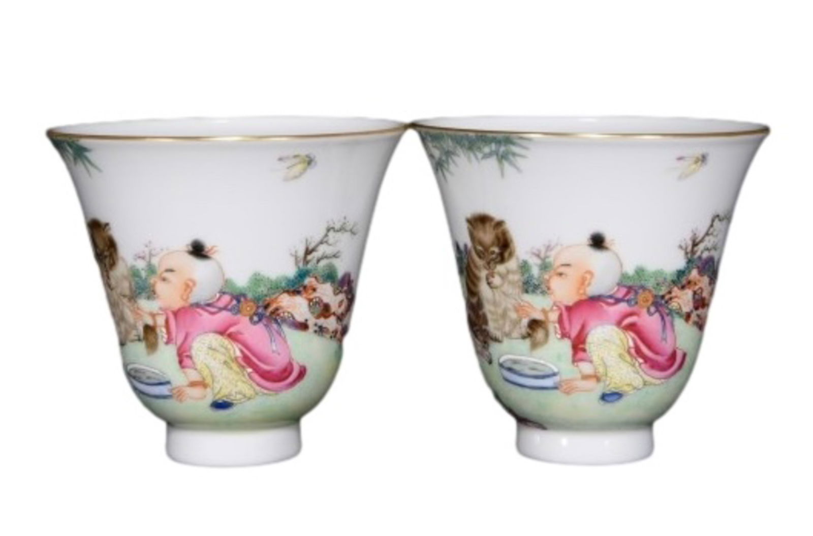 A PAIR OF ENAMEL 'CHILDREN PLAYING WITH CATS' CUP: A PAIR OF ENAMEL 'CHILDREN PLAYING WITH CATS' CUP Dimensions: Length: 7.5 cm (2.95 in.), Width: 8 cm (3.15 in.). All measurements are approximate.